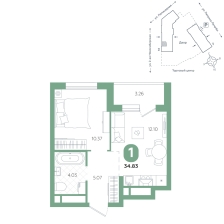 1-комнатная, 34.8 м²
