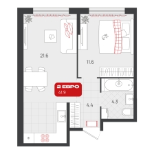 1-комнатная, 41.9 м²