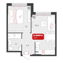 1-комнатная, 35.6 м²