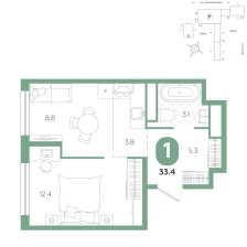1-комнатная, 33.4 м²