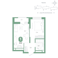 1-комнатная, 34.9 м²