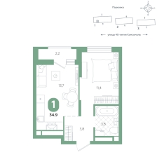 1-комнатная, 34.9 м²