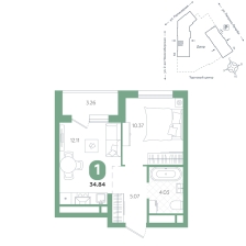 1-комнатная, 34.8 м²