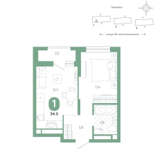 1-комнатная, 34.5 м²