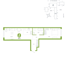 1-комнатная, 52.2 м²