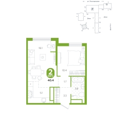 1-комнатная, 40.4 м²