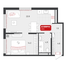 1-комнатная, 48.6 м²