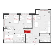 3-комнатная, 84.3 м²