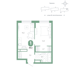 1-комнатная, 39.2 м²