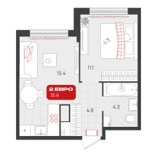 1-комнатная, 35.6 м²