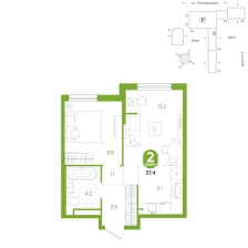 1-комнатная, 37.4 м²
