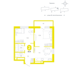 2-комнатная, 53.4 м²