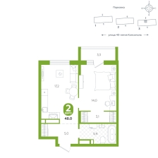 1-комнатная, 48 м²