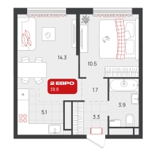 1-комнатная, 38.8 м²