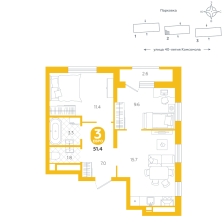 2-комнатная, 51.4 м²