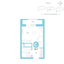 Студия, 22.7 м²