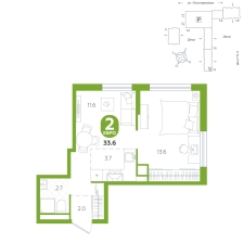 1-комнатная, 33.6 м²