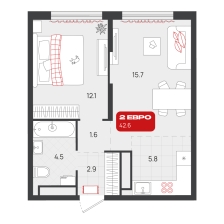 1-комнатная, 42.6 м²