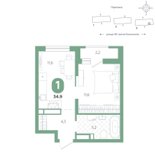 1-комнатная, 34.9 м²