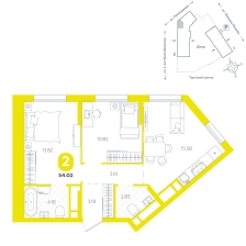 2-комнатная, 54 м²