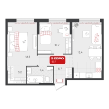 2-комнатная, 53.7 м²