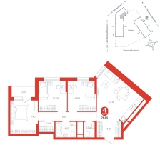 3-комнатная, 76.6 м²