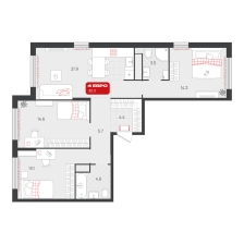 3-комнатная, 82 м²
