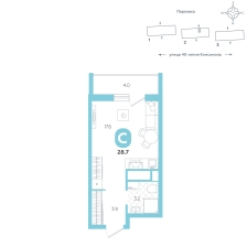 Студия, 28.7 м²