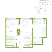 1-комнатная, 53.4 м²