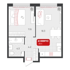 1-комнатная, 38.4 м²