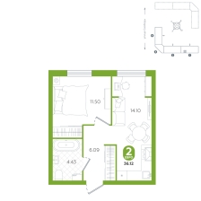 1-комнатная, 36.1 м²