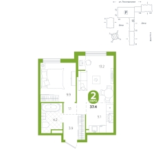 1-комнатная, 37.4 м²