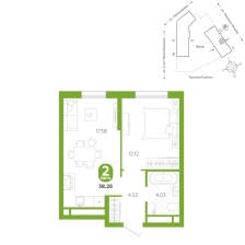 1-комнатная, 38.3 м²