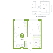 1-комнатная, 38 м²