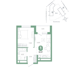 1-комнатная, 37 м²