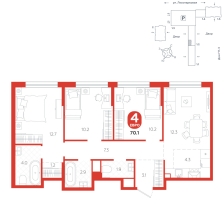 3-комнатная, 70.1 м²