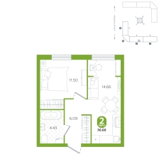 1-комнатная, 36.7 м²