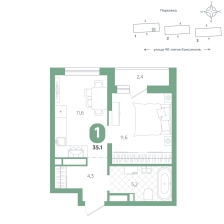 1-комнатная, 35.1 м²