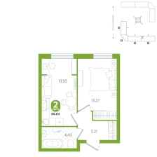 1-комнатная, 36.8 м²
