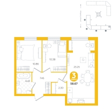 2-комнатная, 58.7 м²
