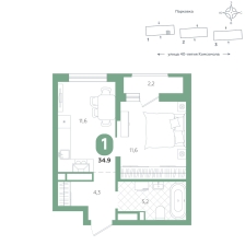 1-комнатная, 34.9 м²