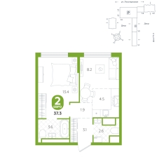 1-комнатная, 37.3 м²