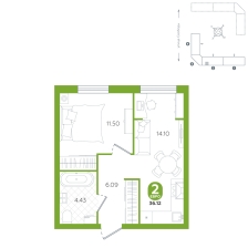 1-комнатная, 36.1 м²