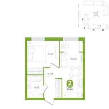 1-комнатная, 37 м²