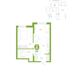 1-комнатная, 37.7 м²