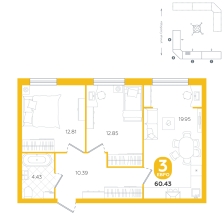 2-комнатная, 60.4 м²