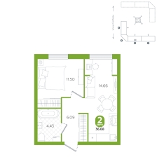 1-комнатная, 36.7 м²