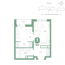 1-комнатная, 35 м²